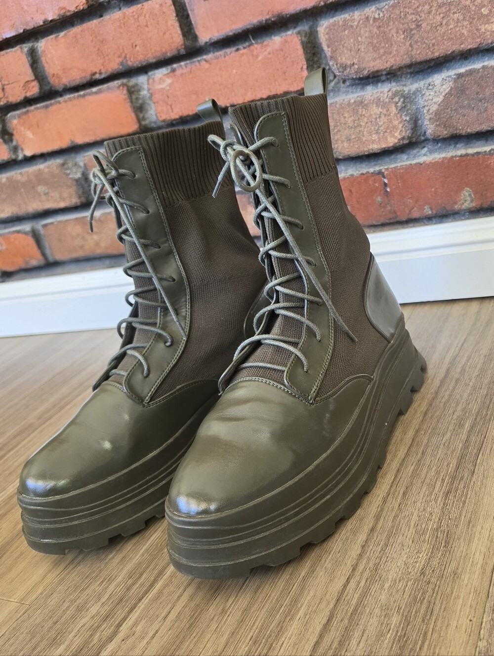 Olive Green Lace Up Faux Leather Knit Combat Booties Chunky Boots Womens Size 11